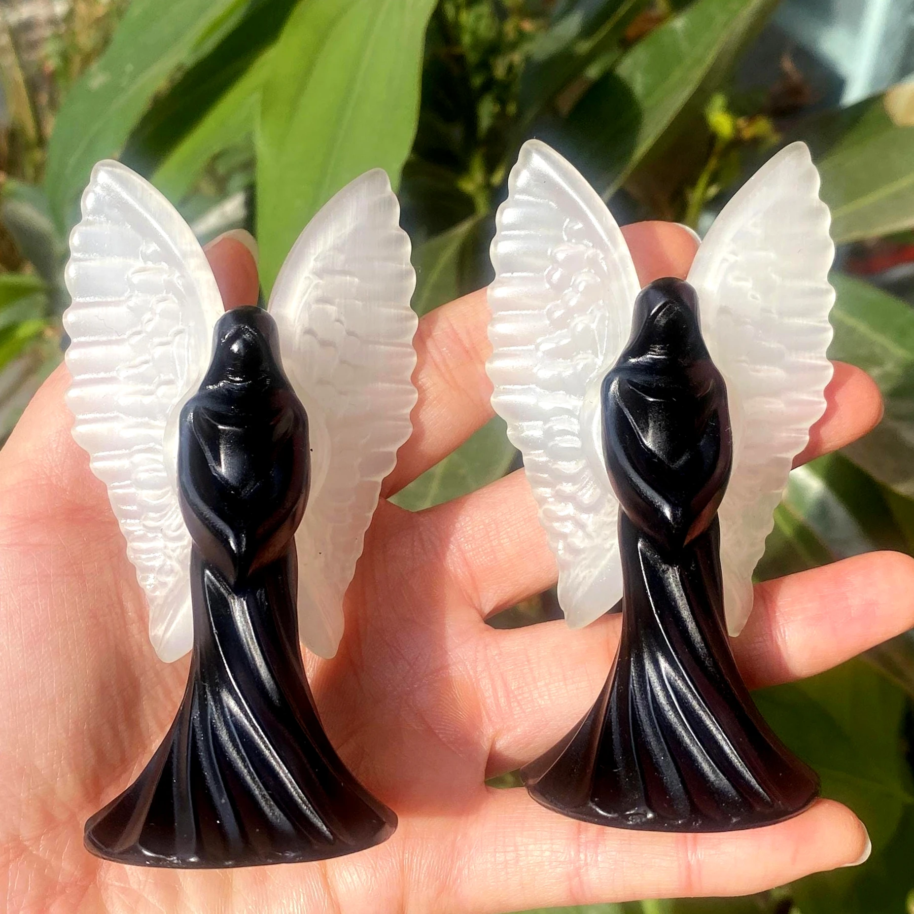 Natural Obsidian AngelCarving with Cat Eye Stone Wing, Healing Home Decor, Energy Meditation Item, Reiki Holiday Gifts