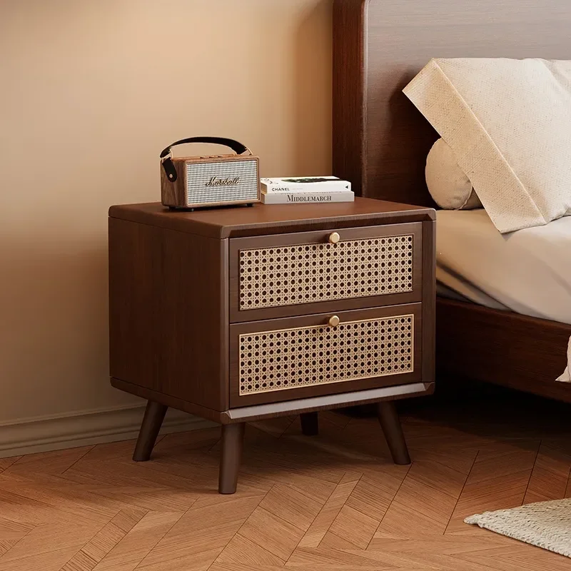 New Chinese Solid Walnut Bedside Table with Rattan Double Drawers Simple Nightstand Storage for Bedroom Home Decor
