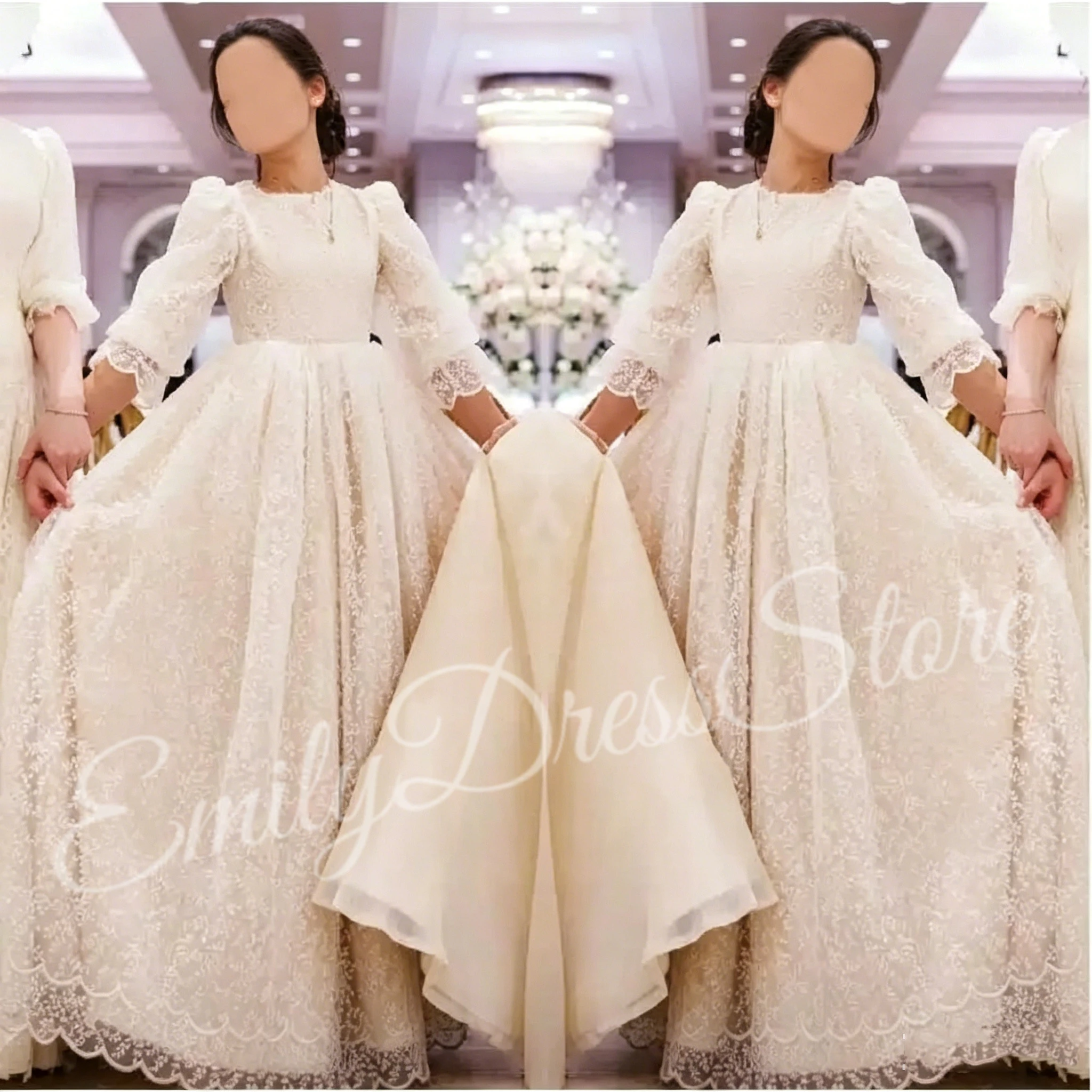 

Sister of Bride Custom Ivory Flower Girl Dress For Wedding Special Lace High Waist Balloon Sleeve Kids Birthday Ball Teen Gown