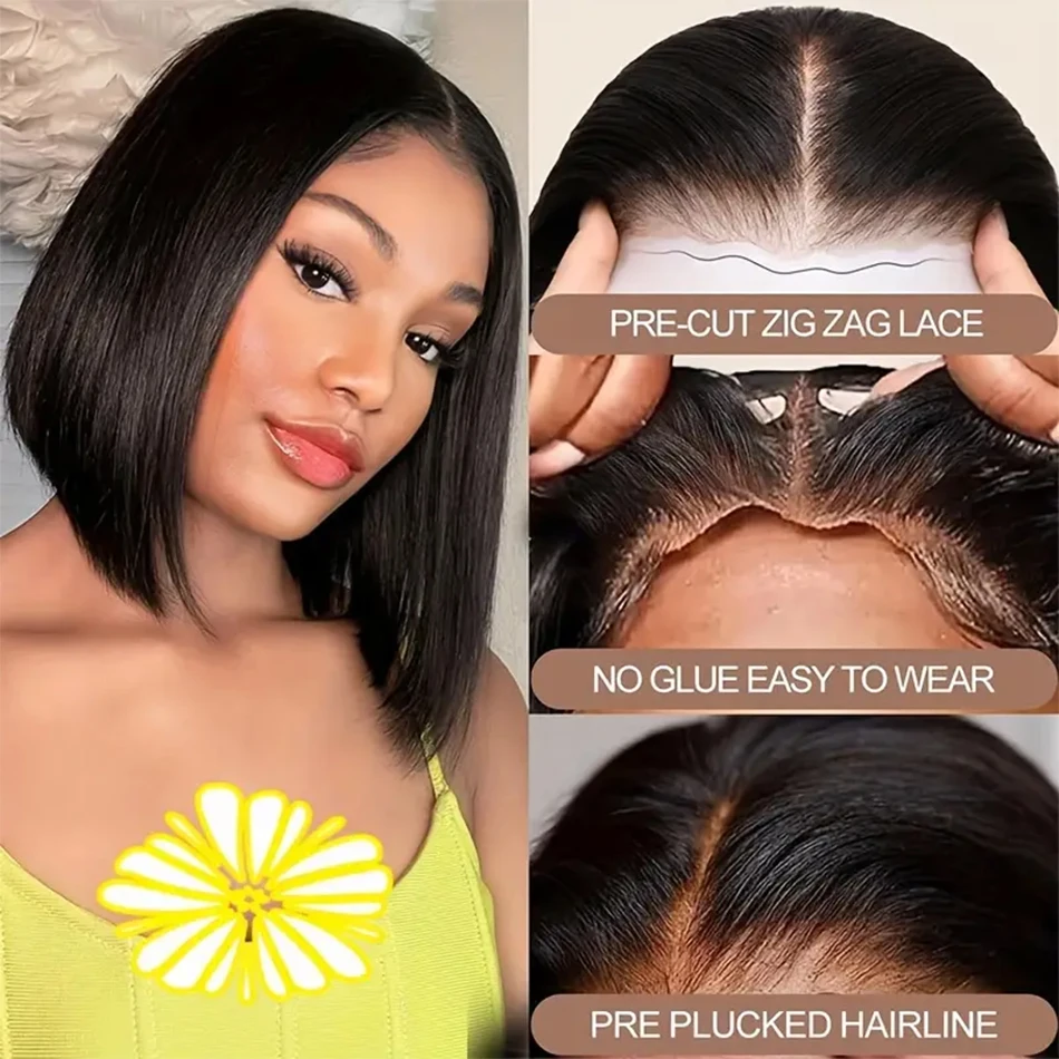 Ready To Wear Glueless Wigs Human Hair Straight Bob Wig Perruques Cheveux Humains Pre Plucked With Baby Hair Frontal Wigs 180%