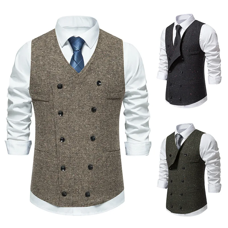 2024 Autumn Vintage Double Breasted Men's Suit Vest Cross-border Men's Korean Version Vest Top Trend