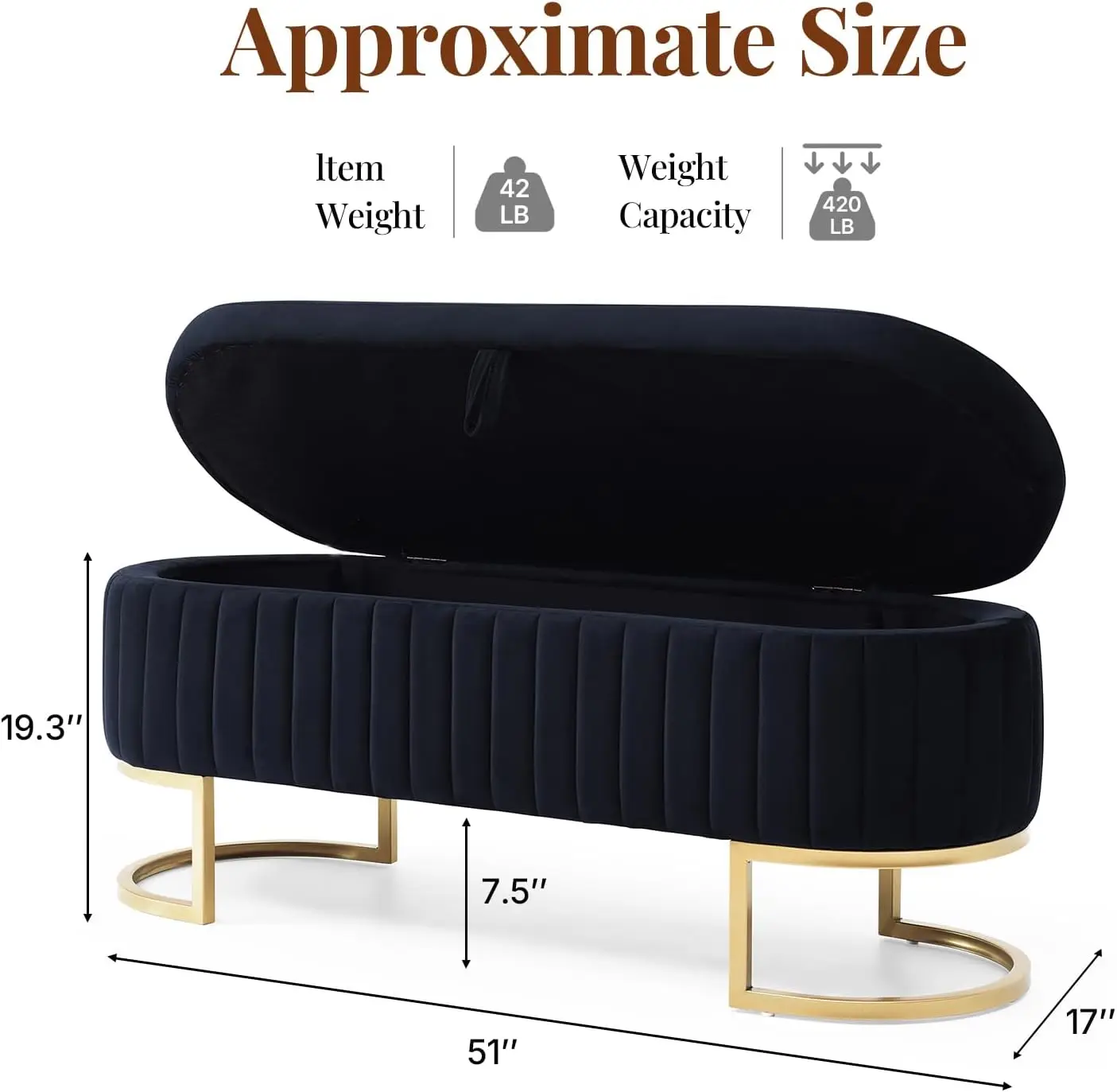 Modern Velvet Storage Bench, Luxury Channeled Queen Size End of Bed Bench with Hidden Storage and Gold Legs,Customized