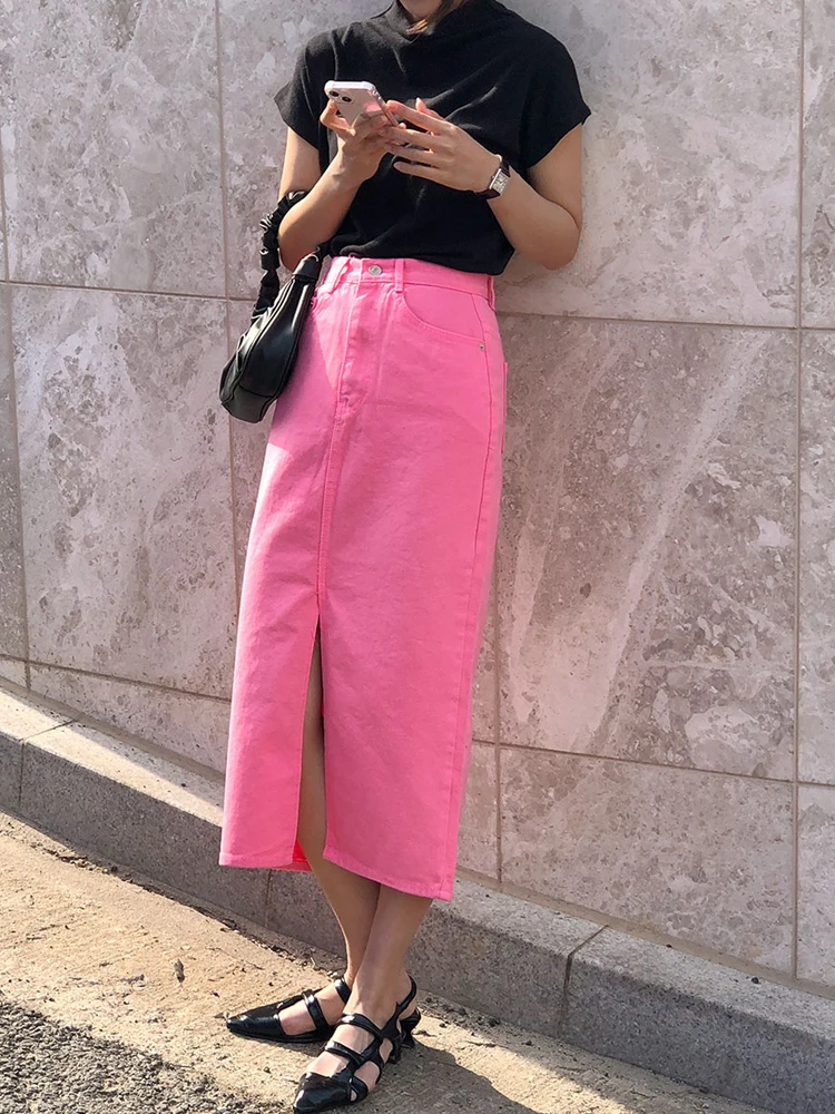 Chic High Waist Washed Casual Fashionable Magenta Straight Leg Slit Denim  Midi Skirt Spring Summer Women's Fashion