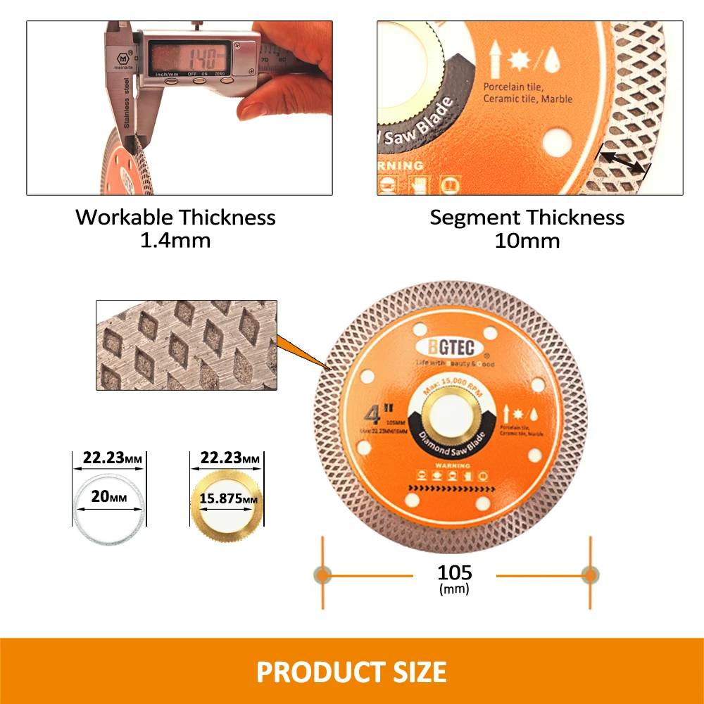 BGTEC Dia4"/105mm Mesh Rim Diamond Cutting Disc Super-thin Ceramic Porcelain Tile Marble Granite Circular Saw Blade Bore22.23mm