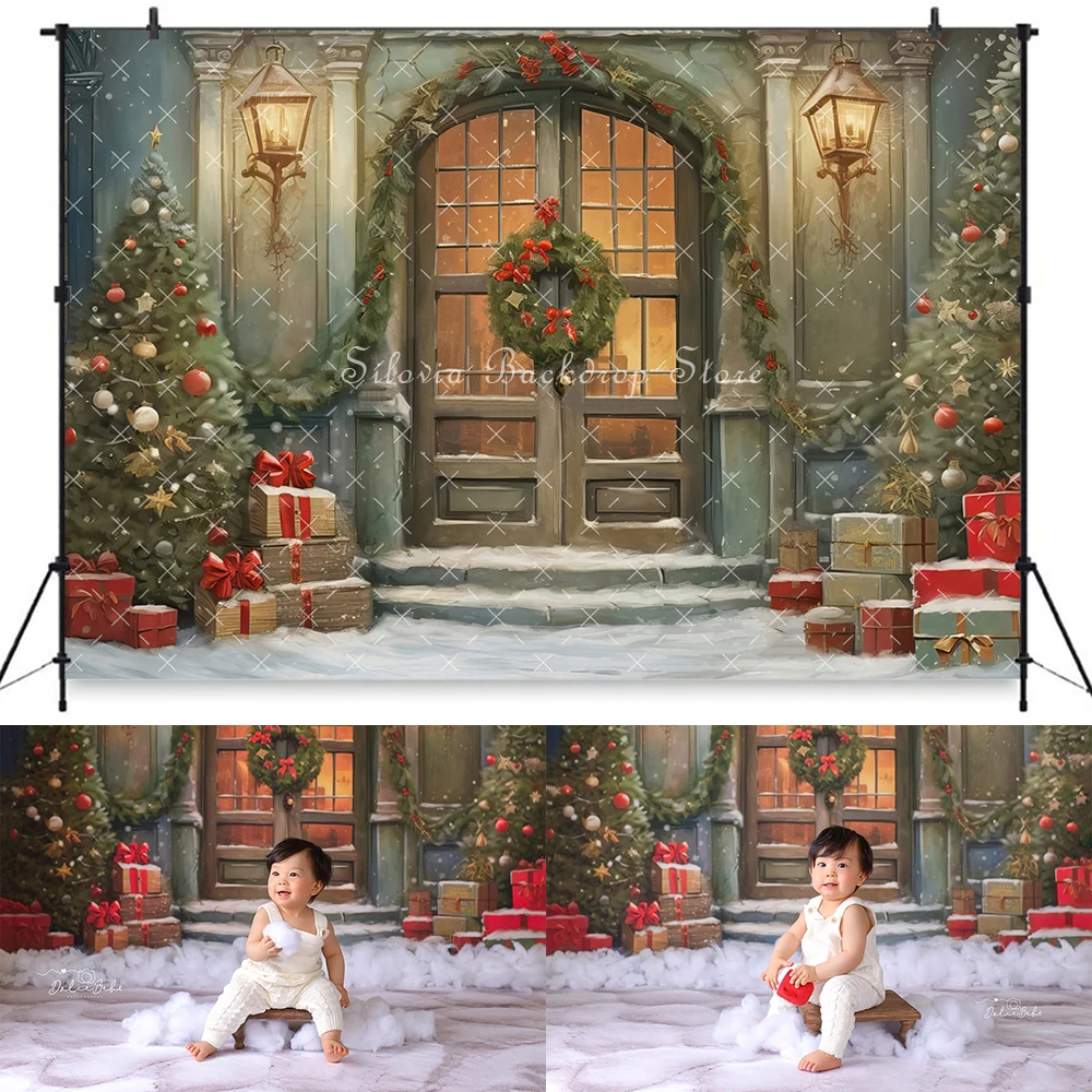 

Winter Street Snow Photo Background Xmas Tree Gift Photography Backdrop Kids Portrait Photo Studio Props