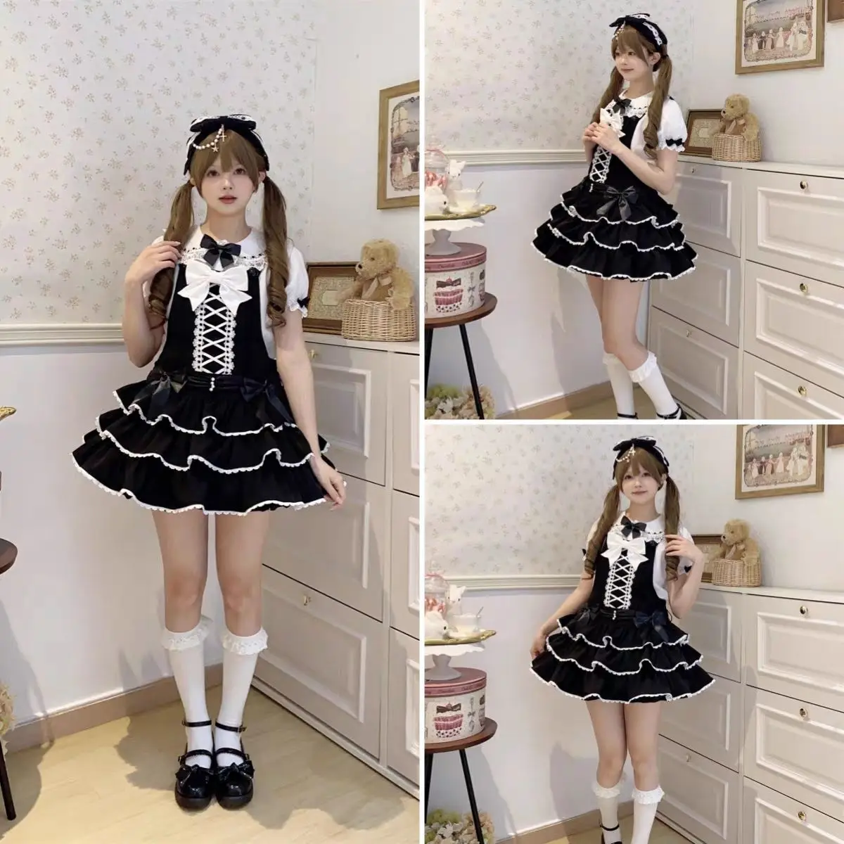 MAGOGO Summer Cute Girl Lolita Spaghetti Strap Dress Women Japanese Style Sweet Vintage Three Layer Cake Mini Dress Shirt Set