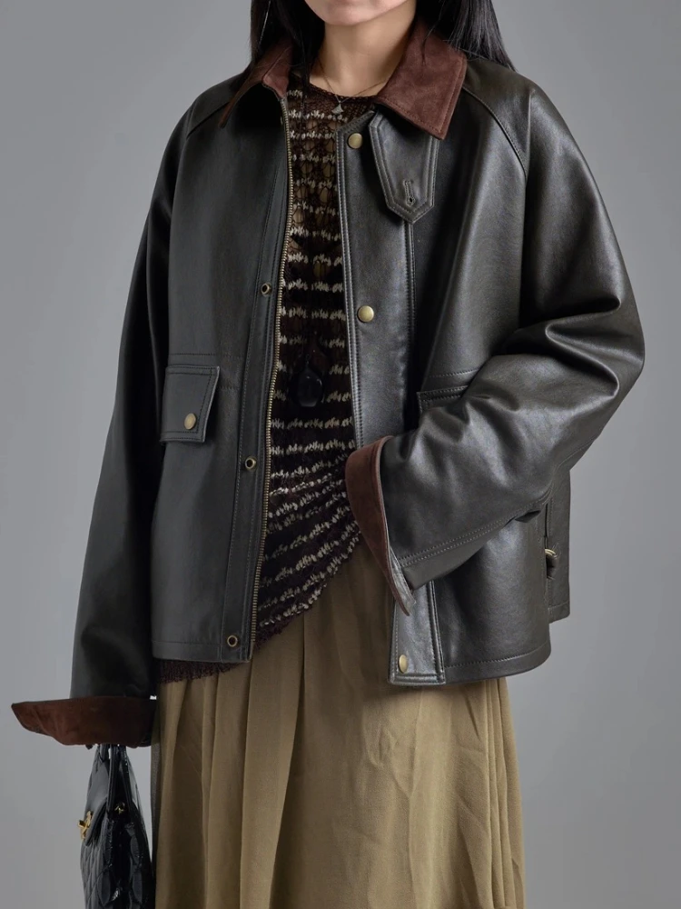 Giacche cargo in vera pelle vintage anni '90 per donna Autunno Inverno 2025 Nuovo cappotto di alta qualità semplice allentato morbido corto in vera pelle di pecora