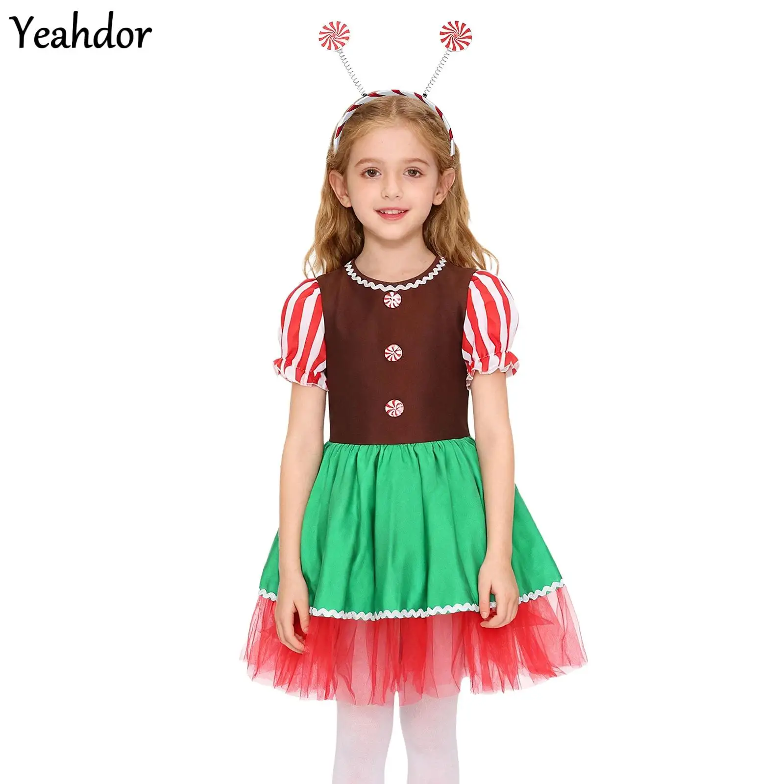 

Girls Christmas Santa Cookie Man Cosplay Gingerbread Man Costume Puff Sleeves Xmas Candy Cane Tutu Dress Skating Ballet Leotard