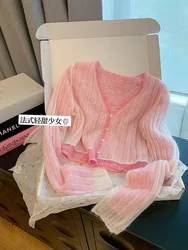 Women Basic Pink Cardigan Office Lady Long Sleeve Spring Summer V-Neck Knitted Pullover Soft 90s Fashion Single Breasted Gyaru