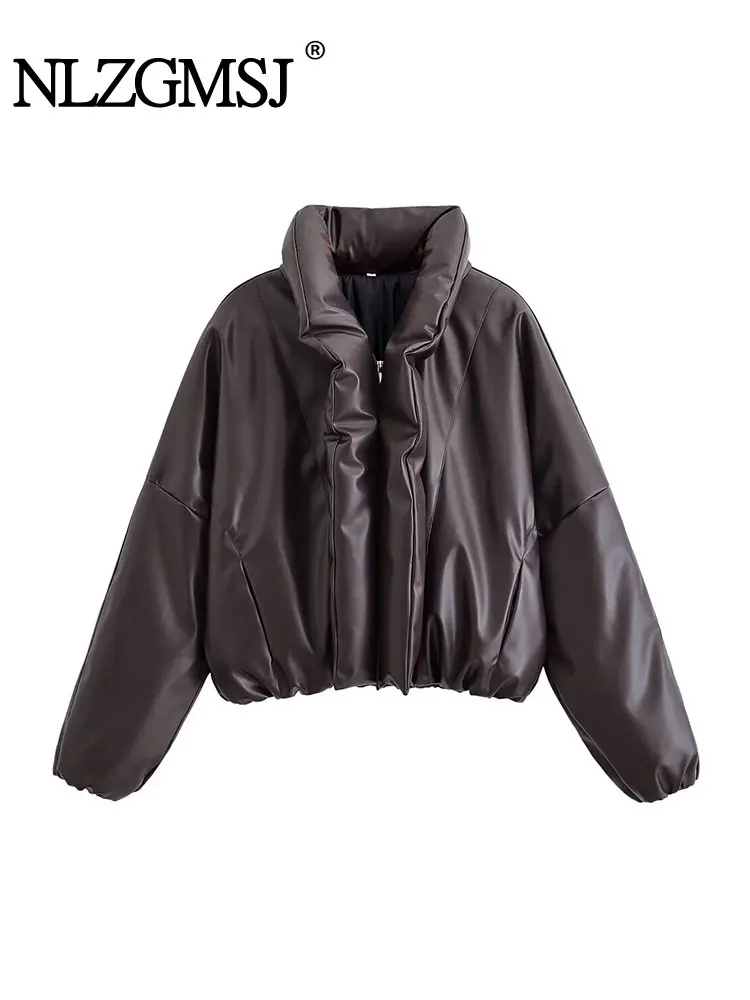 سترة نسائية أنيقة من NLZGMSJ بسحاب أمامي بني من البولي يوريثان ورقبة طية صدر السترة وأكمام طويلة سترة قطنية أنيقة للسيدات #2