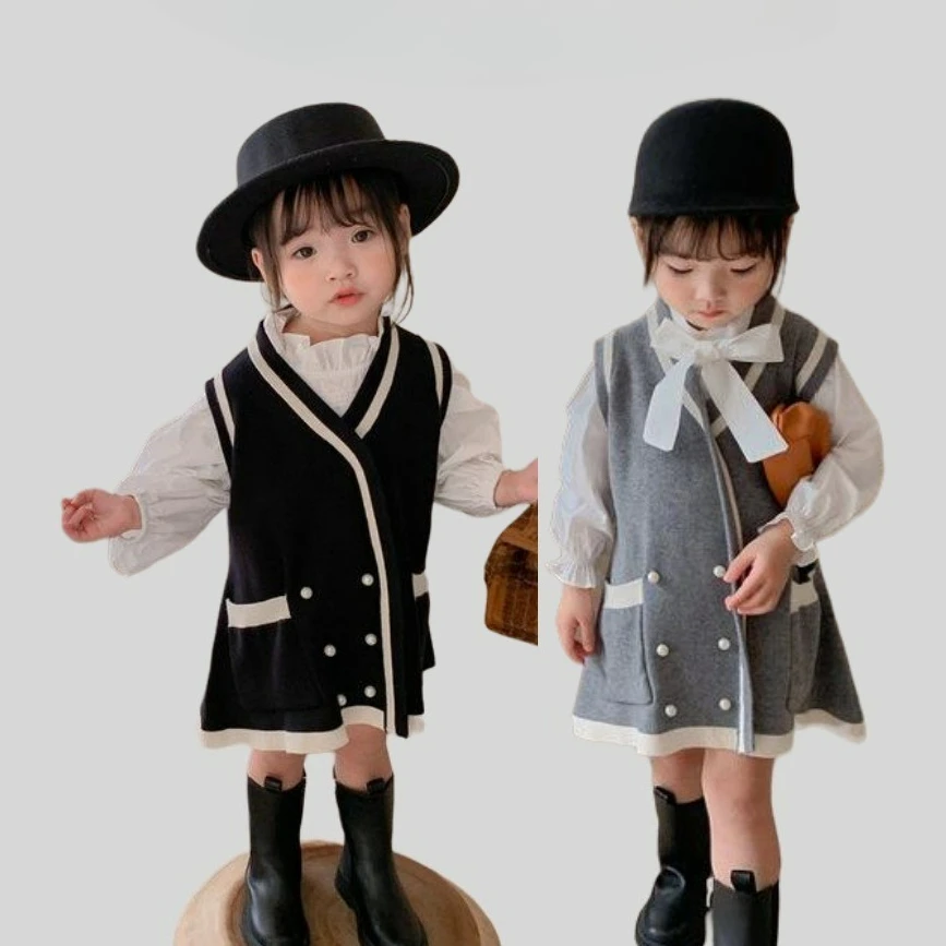 2025 Spring Style Girls' Line Sweater Vest Korean Children's Clothing Campus Style Children Medium Long Baby Sweater Dress
