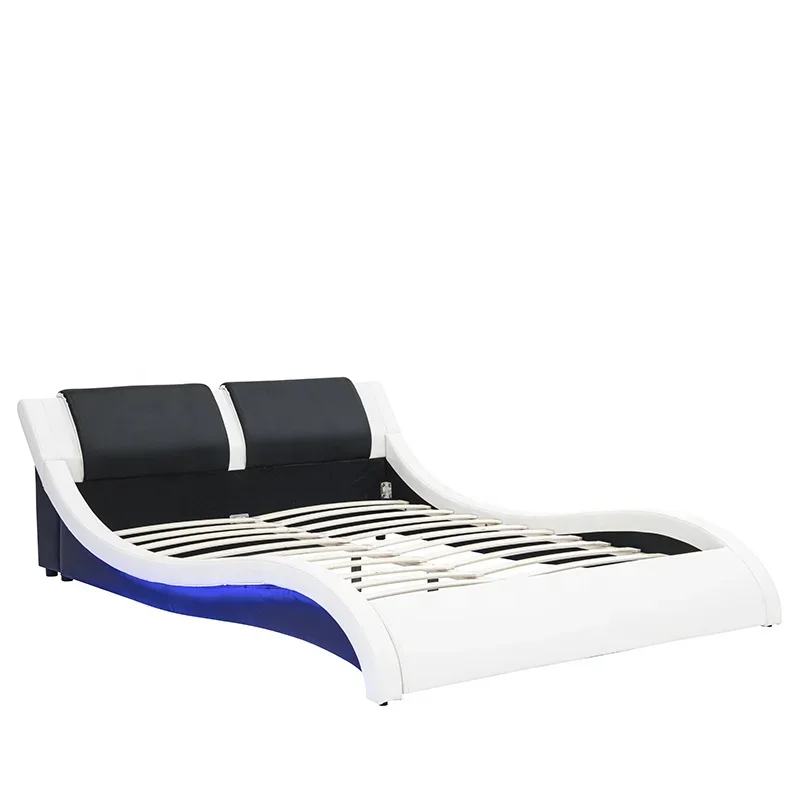Modern Leather Upholstered Light Emitting Diode Queen/King Bed for Bedroom Furniture