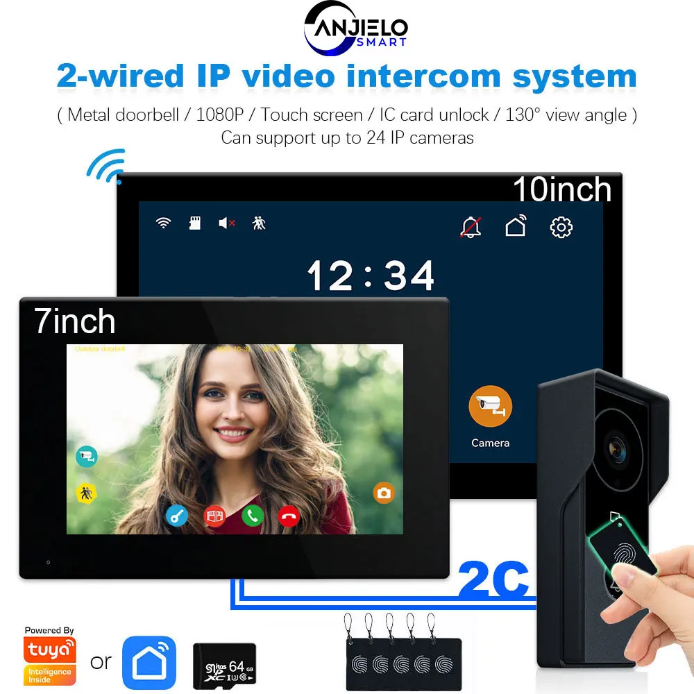 ANJIELO 2 سلك Visiophone جرس الباب نظام اتصال داخلي عبر الفيديو للمنزل باب معدني الهاتف دعم كاميرا IP Tuya Smart 1080P