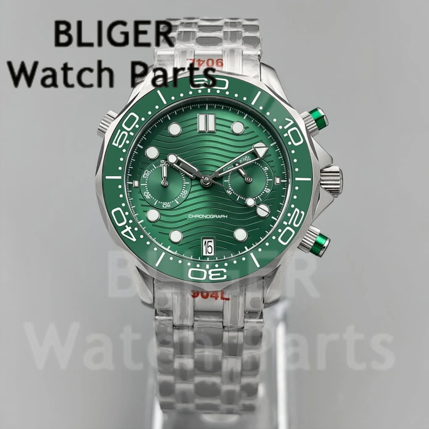 BLIGER VK64 Chronograph 41mm Men Quartz Watch Green Wave Dial Luminous Roating Bezel Domed Sapphire Glass Stainless Steel Strap