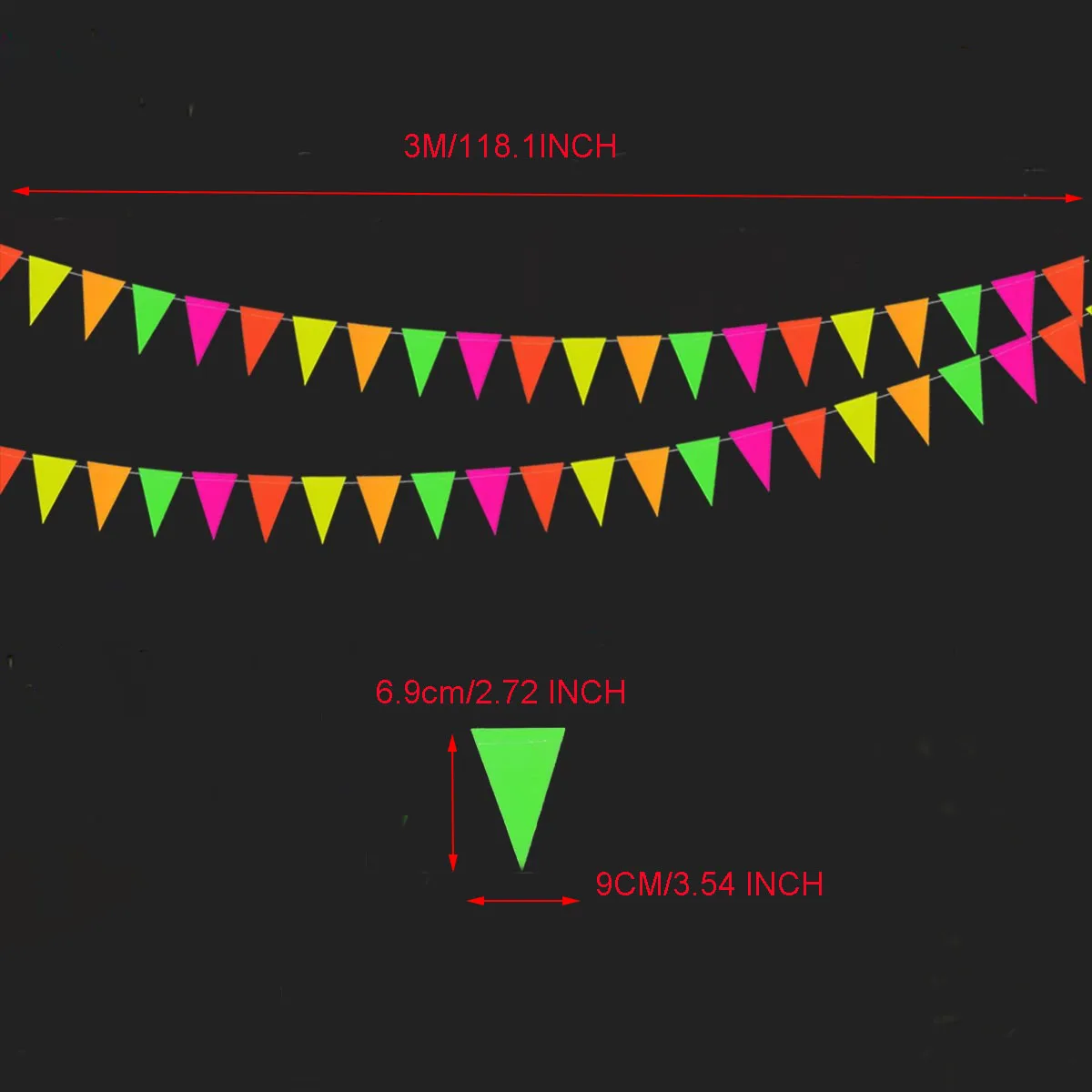 1Packx3M 5ColourNeon ورقة توهج العلم راية زينة معلقة ، توهج الطرف ، 80s توهج في الظلام حزب العلم راية الضوء الأسود