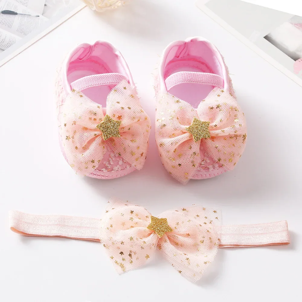 3 Months New Baby Girls First Walkers Soft Toddler Shoes Infant Toddler First Walkers Shoes Mesh Bowknot Princess Shoes Hairband