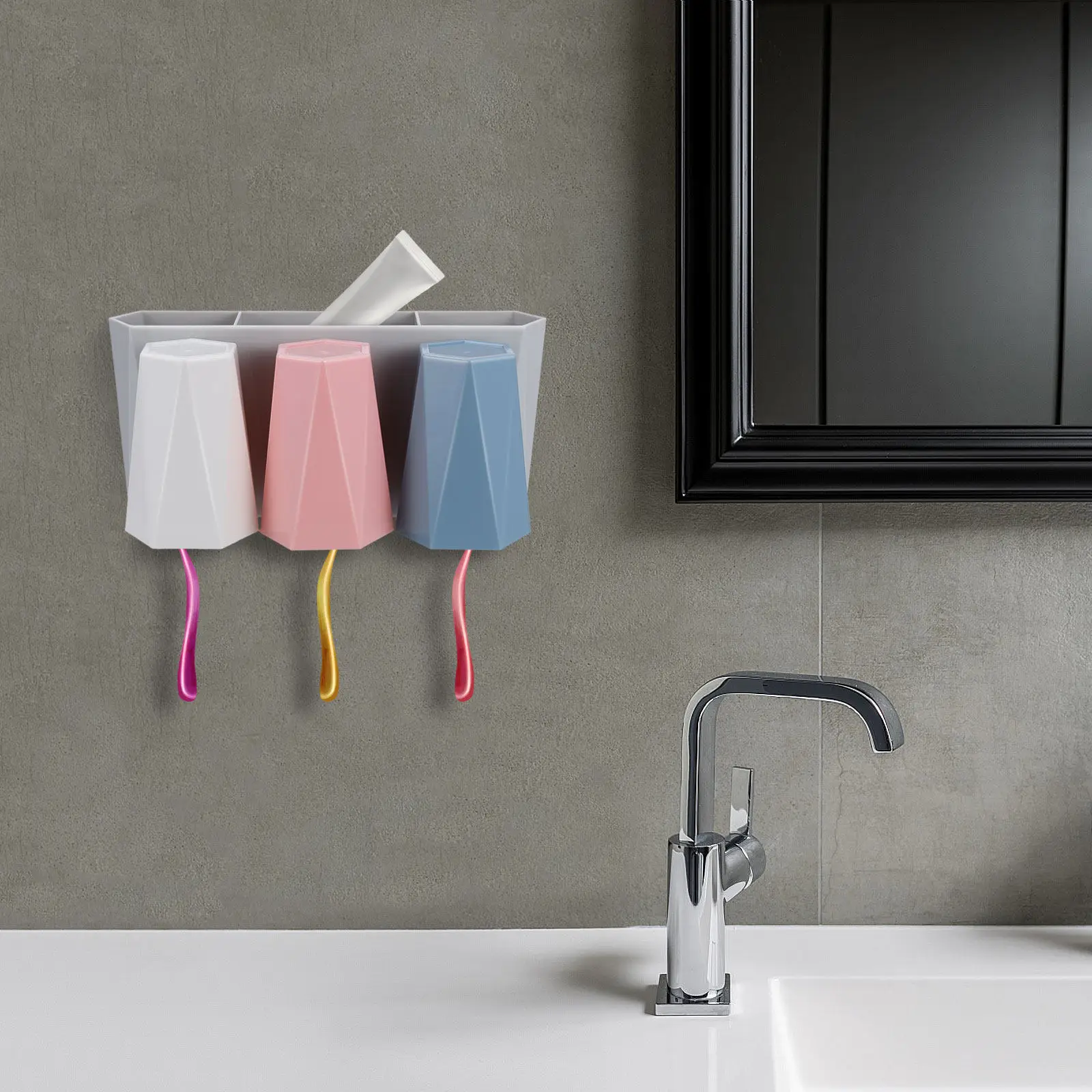 1Set Wall Mounted Toothbrush Toothpaste Holder Mug Cup Rack Bathroom Organizer Space Saving 3 Removable Cups Drying Cover