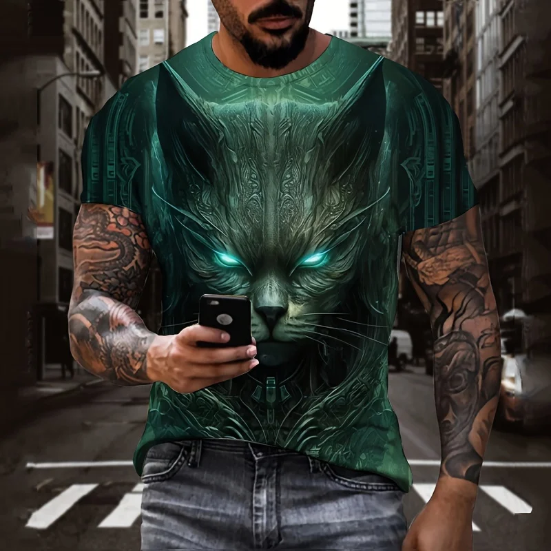 Men's 3D Digital Ethnic Style Cat Pattern Print Crew Neck And Short Sleeve T-shirt, Novel And Stylish Tops Suitable For Summer