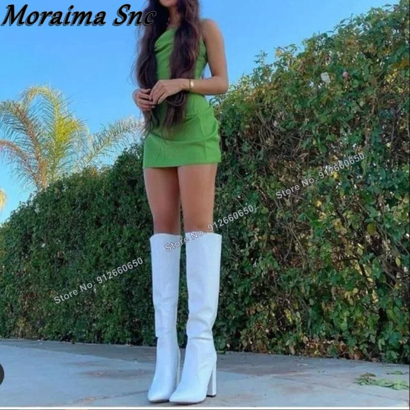

Moraima Snc White Solid Slip on Stone Print Boots for Women Knee High Boots Chunky Heel High Heels Runway Shoes on Heels Size 44