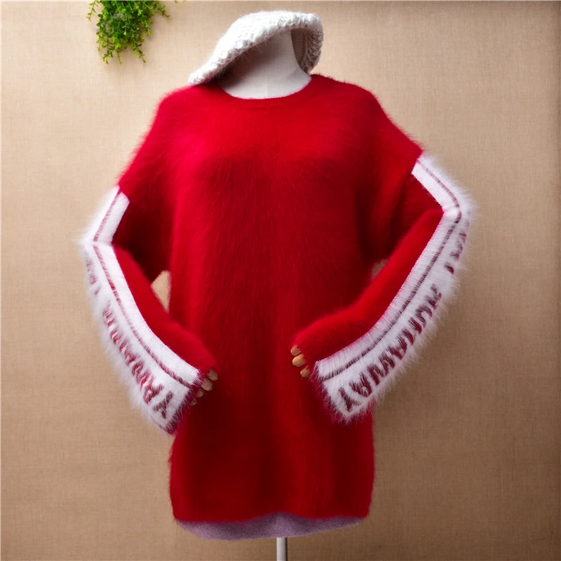 

ladies women fashion red colored hairy mink cashmere knitted long flare sleeves o-neck loose pullover angora fur jumper sweater