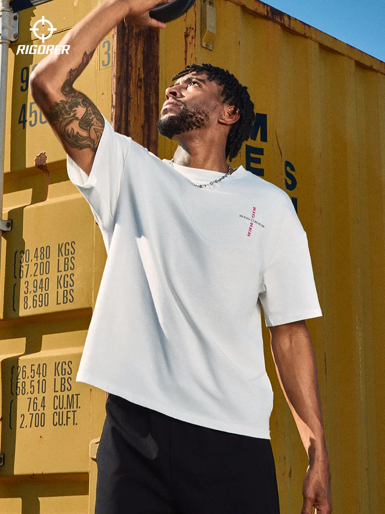 

RIGORER Спортивная футболка из 100% хлопка с коротким рукавом Мужская спортивная футболка с принтом и круглым вырезом Harajuku Street Sports Top