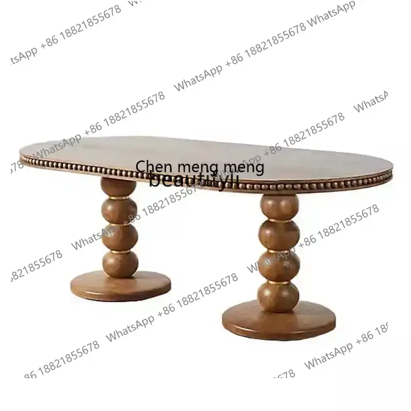 

xzSolid Wood Wood Color Household Dining Table French Retro Old House Silent Style Simple Oval Dining Table