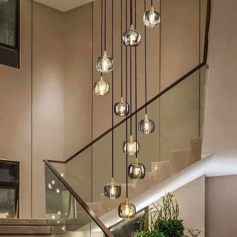 Stair Lamp Long Pendant  Postmodern Duplex Building Villa All Copper s LightLuxury Simple Atmosphere Rotating Chandelier
