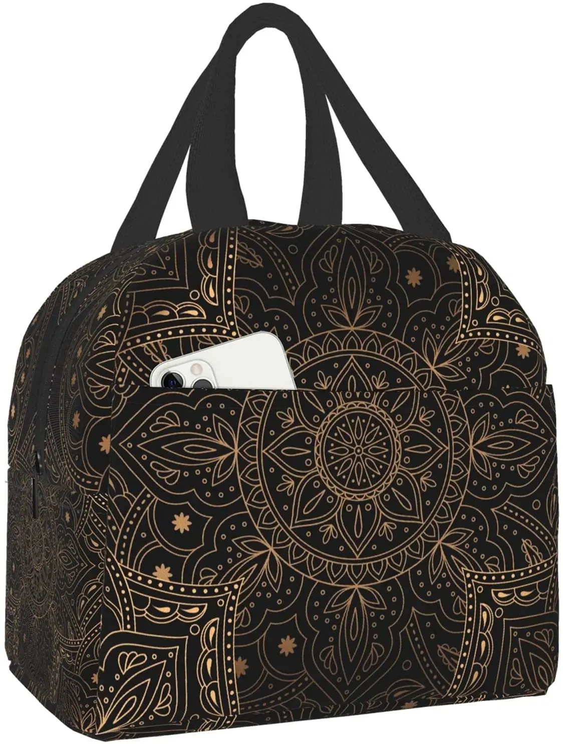 Saco de almoço para mulheres luxo oriental mandala real retro floral preto antigo isolado lancheira refrigerador tote para trabalho escola