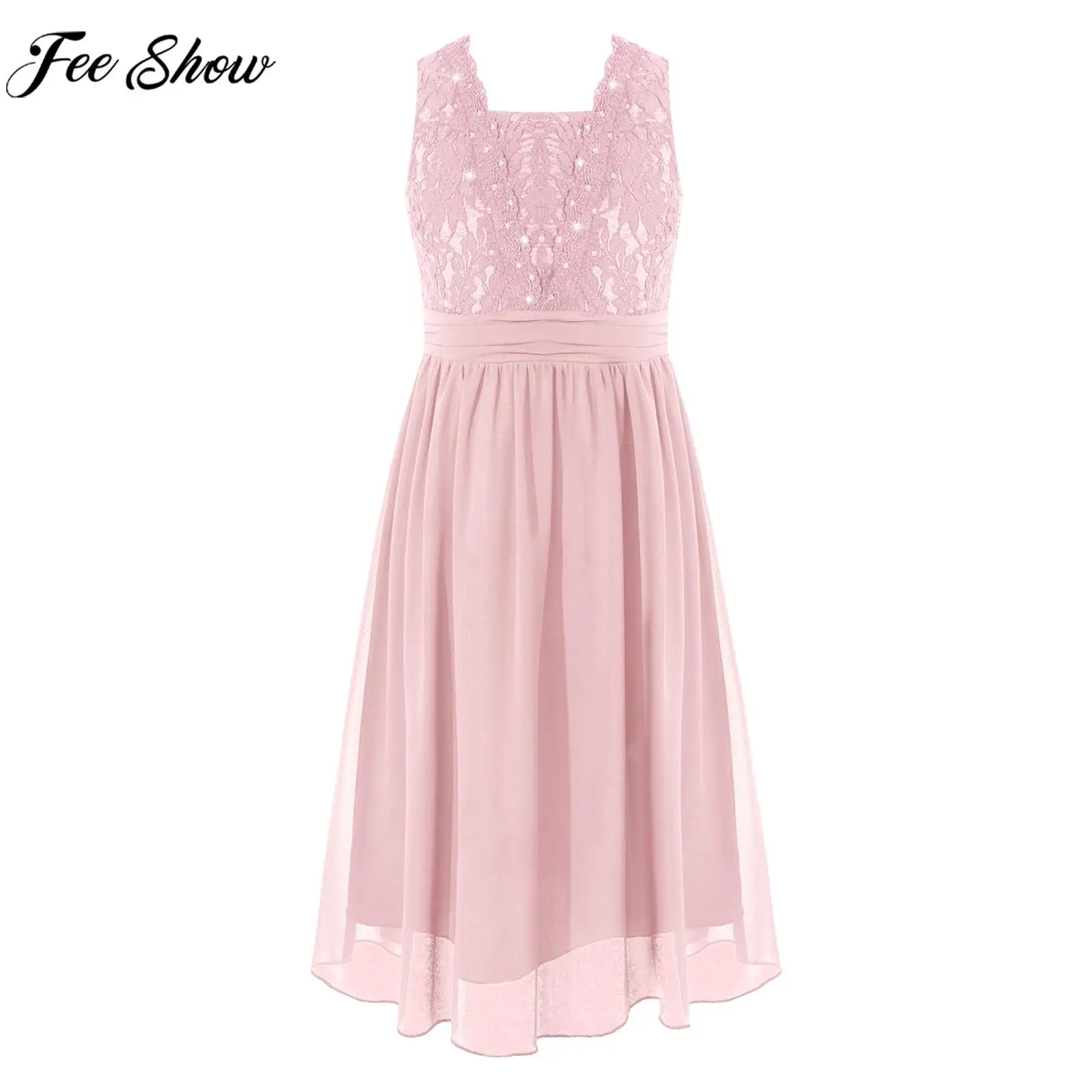 Girls Sheer Floral Lace Chiffon Party Dress Bridesmaid Clothing Sleeveless Backless Pleated Princess Dress for Wedding Birthday