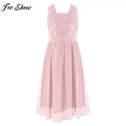 Girls Sheer Floral Lace Chiffon Party Dress Bridesmaid Clothing Sleeveless Backless Pleated Princess Dress for Wedding Birthday