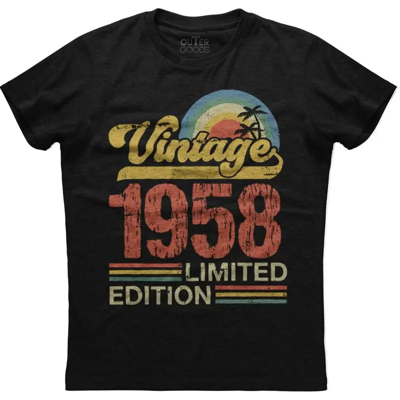 

Классическая старая винтажная футболка на день рождения 1958 года с радужным пальмовым деревом