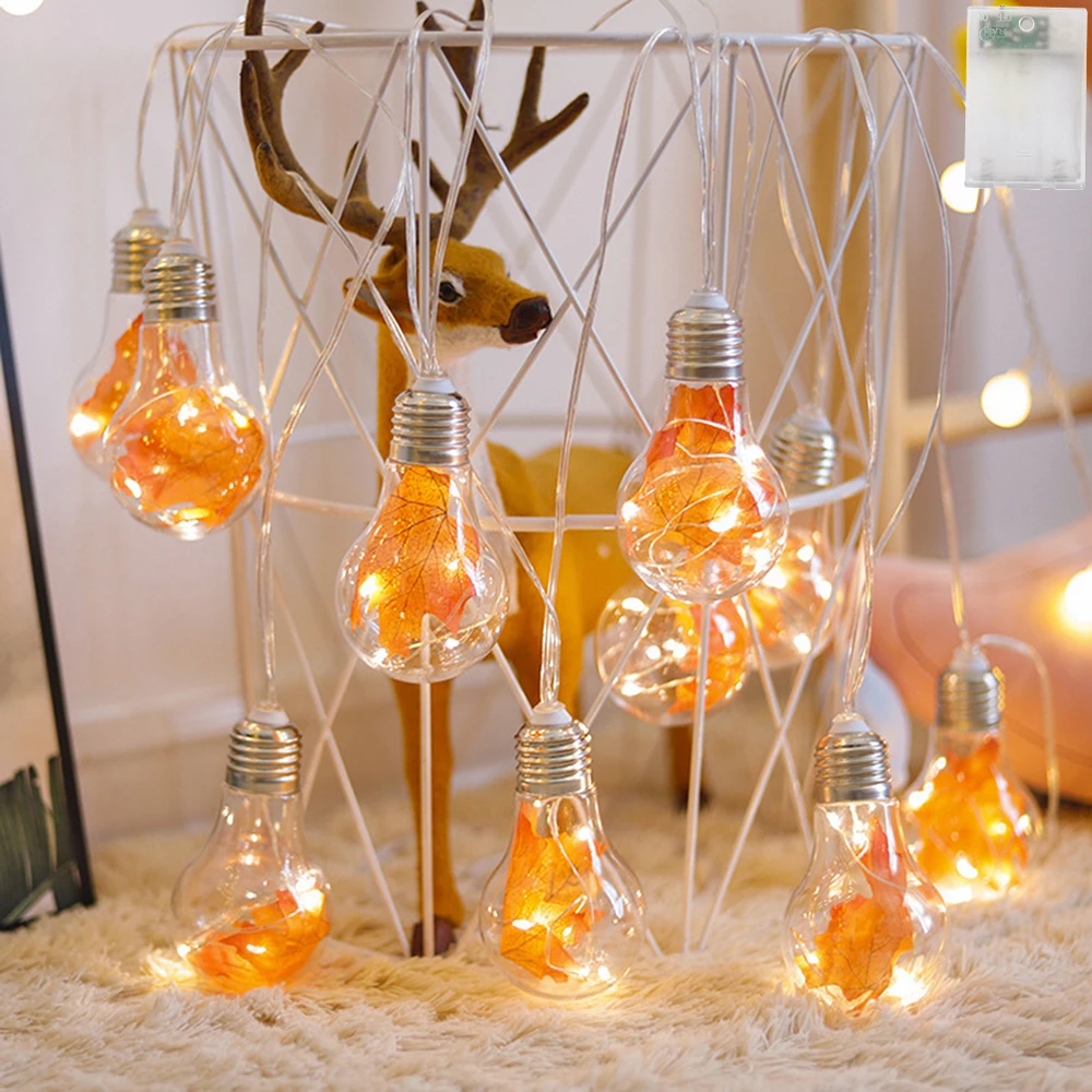 1set Maple Leaf Copper Wire Bulbs String Lights, 10 BulbsClear Round Ball LED Lights for Christmas Halloween Wedding Party Decor