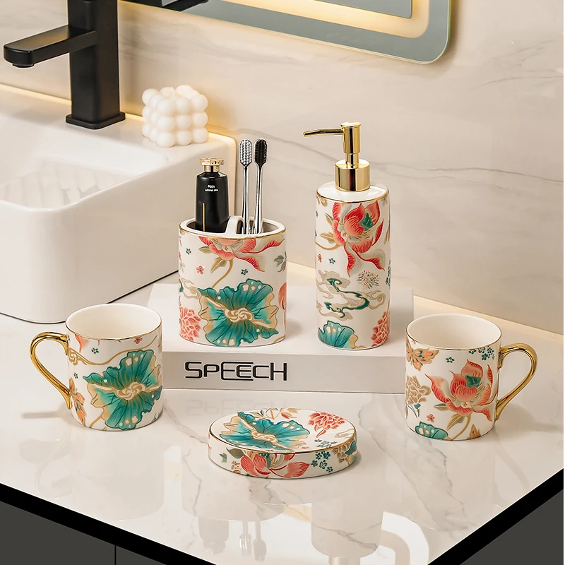 Flowers Bathroom Set, Ceramic Lotion Dispenser Mouthwash Cups Toothbrush Holder Soup Dish Tray Washing Room Toilet  Decorations