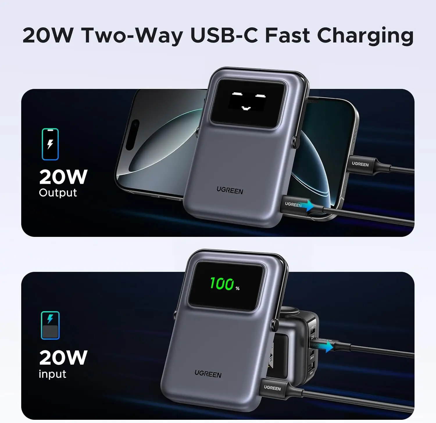 UGREEN  Power Bank, 10000mAh Magnetic Portable Charger, PD 20W Wireless Battery Pack with  TFT Display