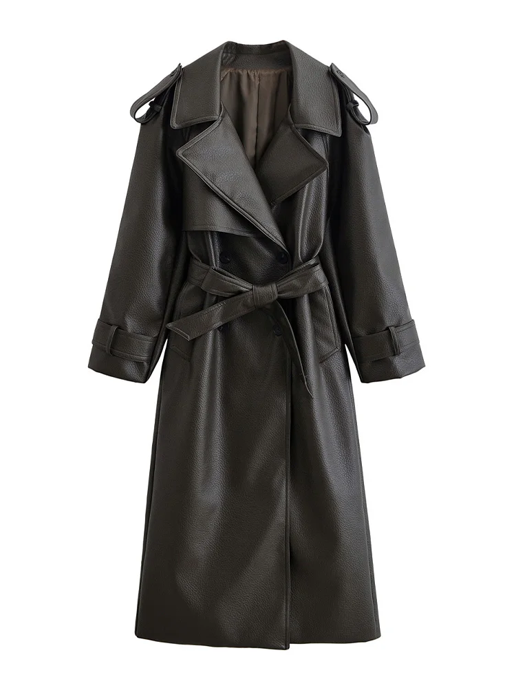 

HH Women Chic Double-Breasted Artificial Leather Lapel Long Coat Woman Autumn Long Sleeves Pockets High Street Belt Windbreaker