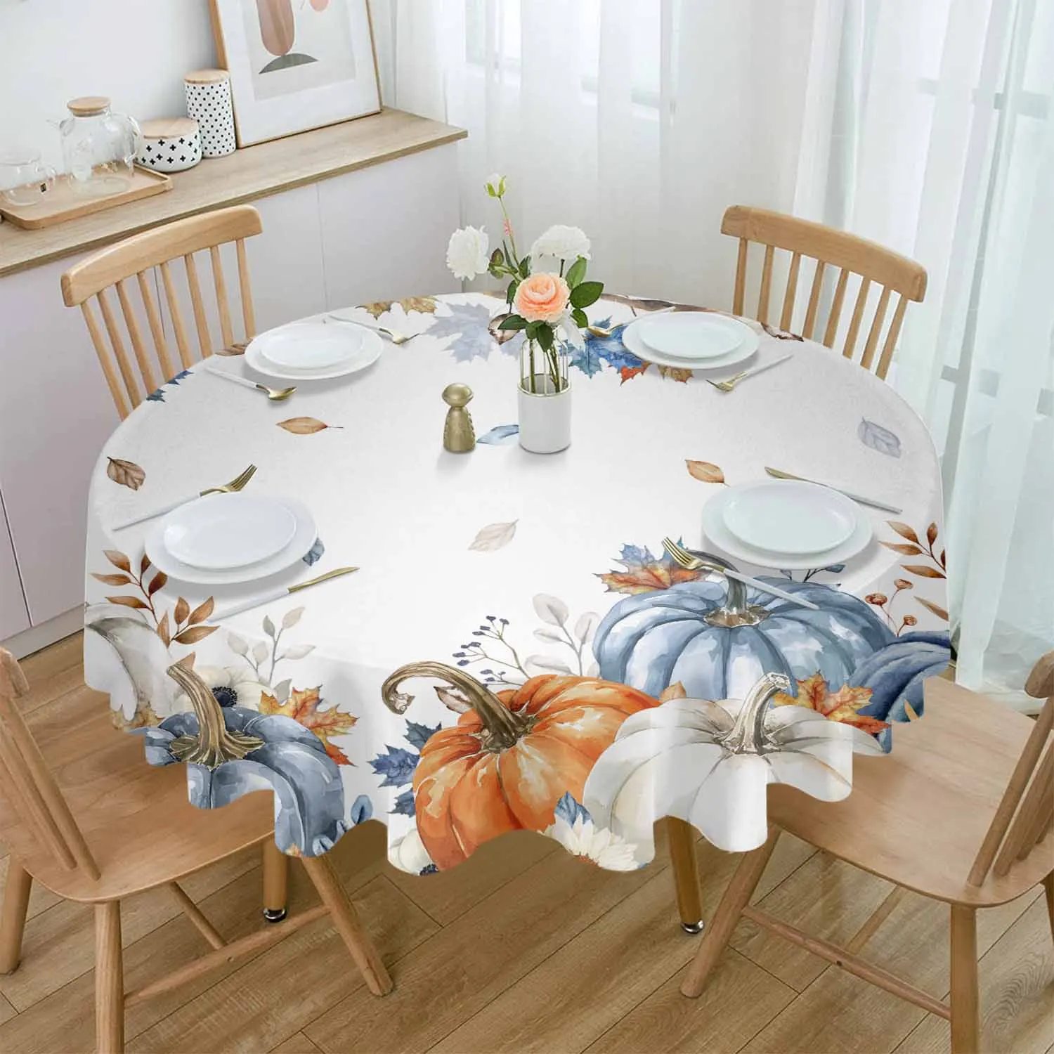 Thanksgiving Autumn Maple Leaf Pumpkin Waterproof Tablecloth Tea Table Decoration Round Table Cover For Kitchen Wedding Home