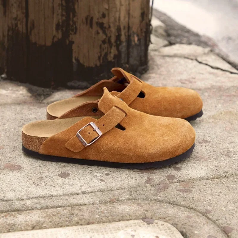 Sandalias de cuero para hombre y mujer, zuecos de punta, moda Retro, toboganes de playa, suela de corcho