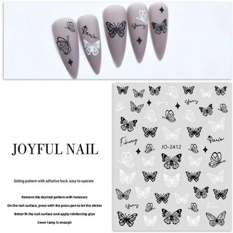 1~10PCS Black and White Butterfly Moon Flower Nail Art Stickers Nail Decoration Nail Decals Nail Art Supplies Press Nails