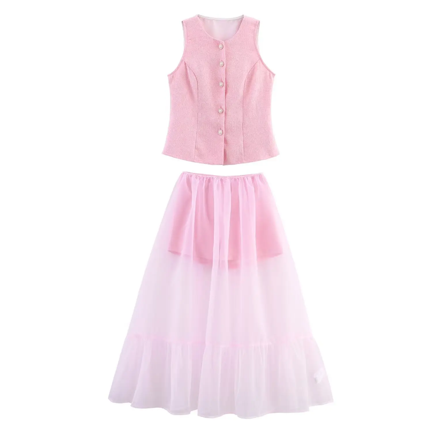 

Fashionable Coarse Square Button style Vest Women Summer Two Piece Skirt Set Casual Shorts+Chiffon Skirt Set Mujer