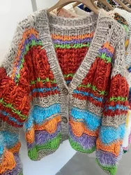 Chunky Multi Cardigan da donna fatto a mano Maglieria ampia vestibilità 2024 Capispalla design autunno NIche