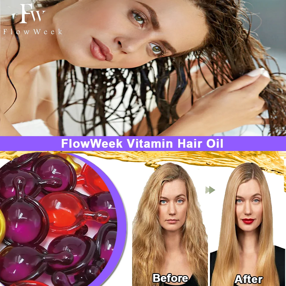 

FlowWeek Hair Mask Keratin Complex Oil Repair Curl Damaged Dry Hair Serum Hair Oil Hair Care Hair Vitamin Capsule Smooth Silky