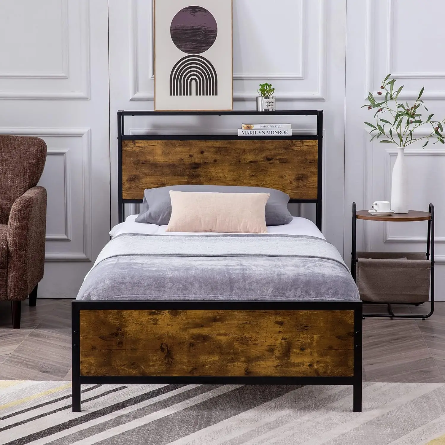 Twin Bed Frame com 2-Tier armazenamento cabeceira, sólida e estável, sem ruído, nenhuma caixa, Primavera necessário, Ass fácil