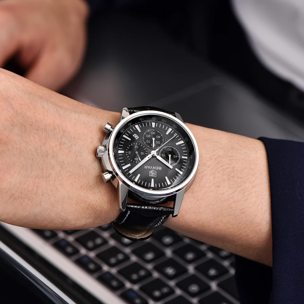 2025 Nuovi orologi da uomo BENYAR Orologi da polso al quarzo di lusso superiore Orologio cronografo sportivo per regali uomo Pelle luminosa impermeabile
