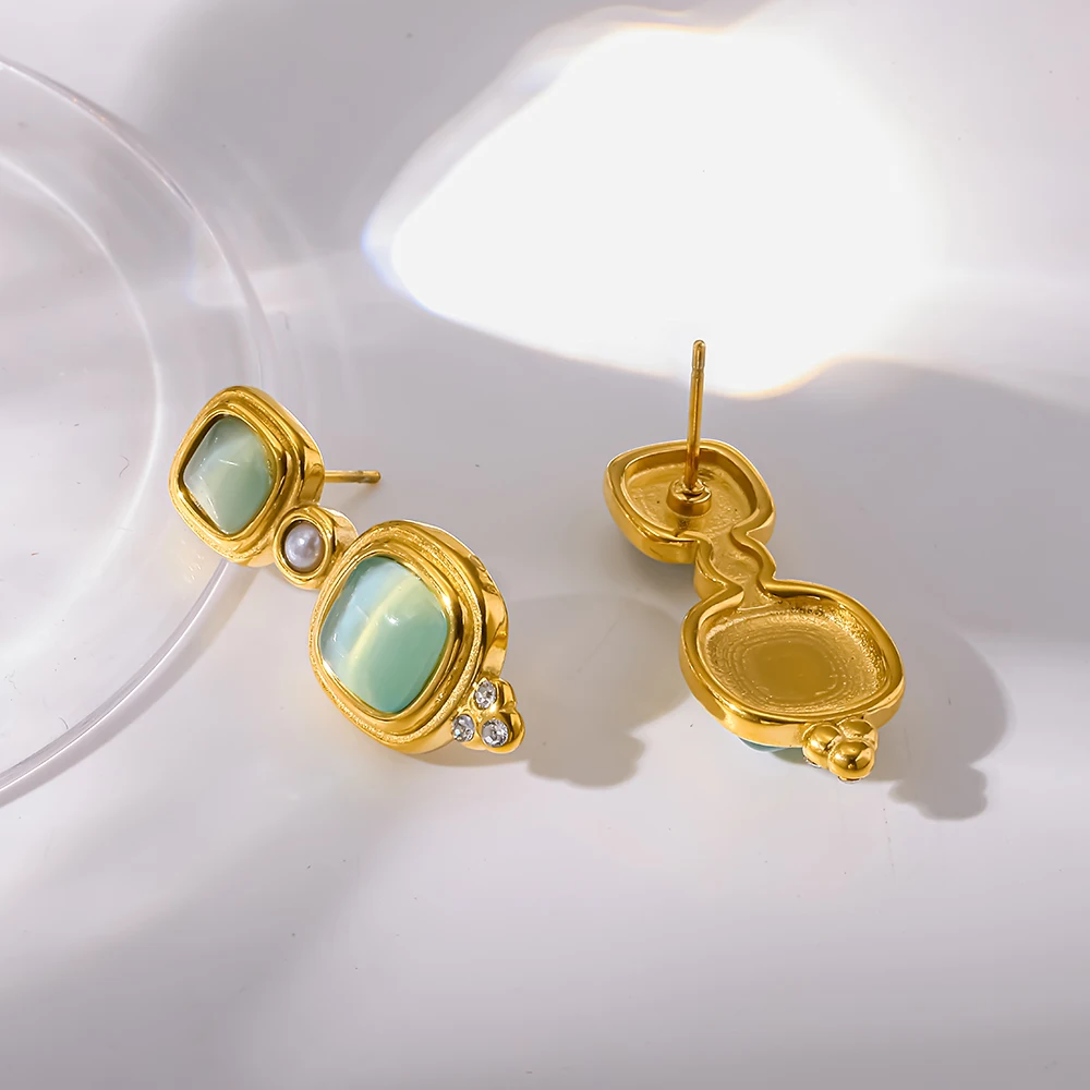 

Vintage Square Green Cat's Eye Glass Stud Earrings 18K Gold Plated Stainless Steel Waterproof Ear Jewelry for Women Unique Gift