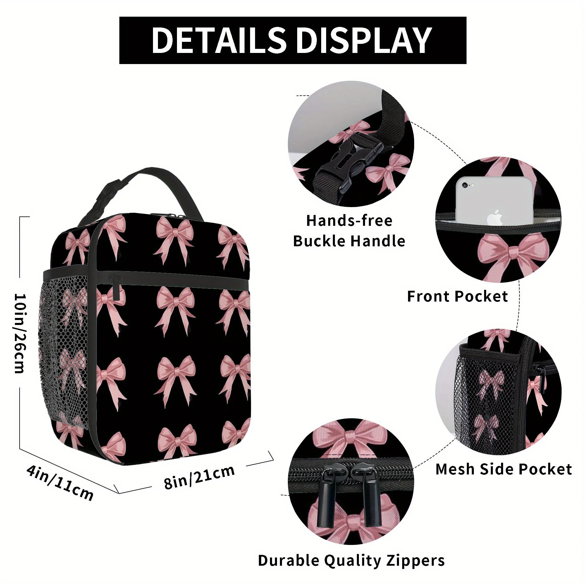 1pc,  Bows on Black Background Printed Thermal Bag, Insulated Bag, No Food Contact, Suitable for Home, Restaurant, Office, Unise