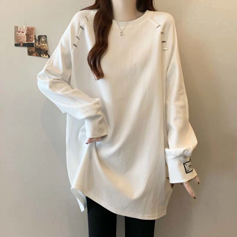 Women Plus Size Dralon Mid Long Long Sleeve T-shirt Autumn Winter New Shoulder Button Loose Slim Hide Fat Outer Wear Casual Top