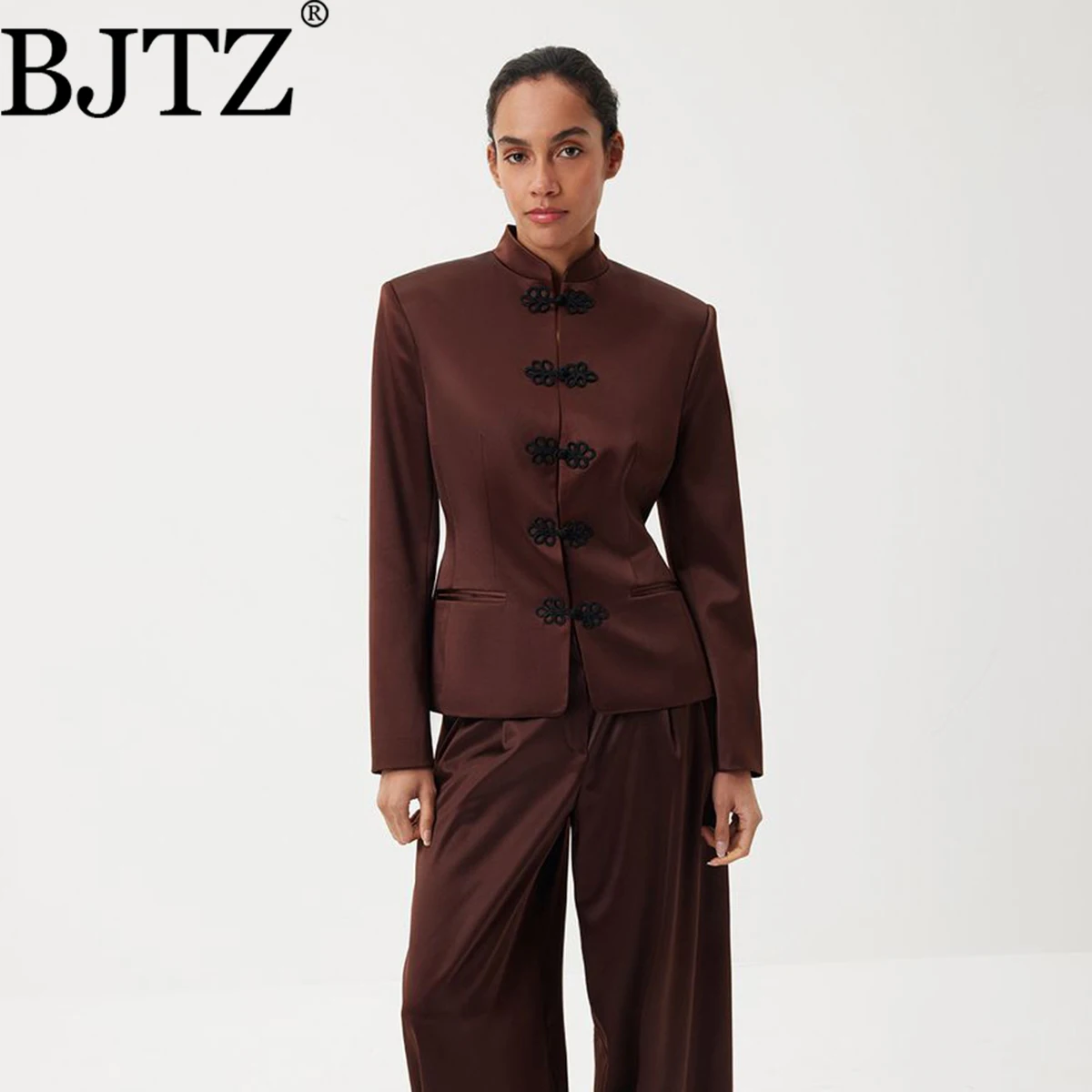 

BJTZ Women’s 2026 Satin Jacket Spring Autumn Lightweight Shiny Blazer Trench Coat Casual Fashion Outerwear Glossy Loose Fit