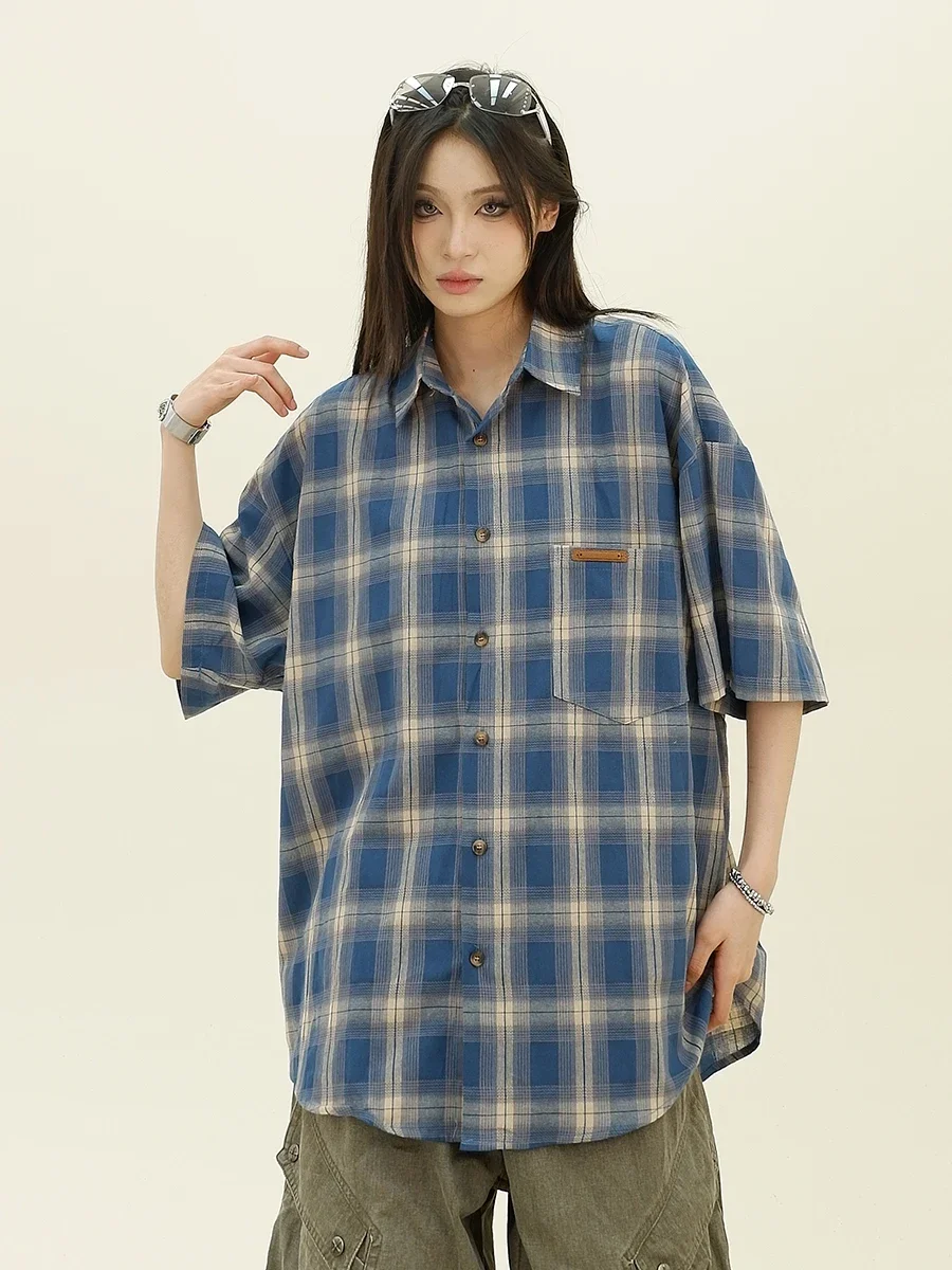 Plaid Short-sleeved Shirt 2024 Summer New Loose Bf American Retro College Style Couple Top Women