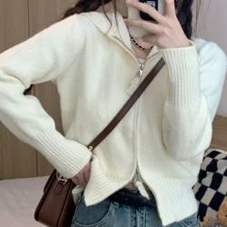 Autumn  Hooded Knitted Cardigan Jacket Women's Cropped Base Layer Top Double Zip Sweater Inner Smooths Silhouette