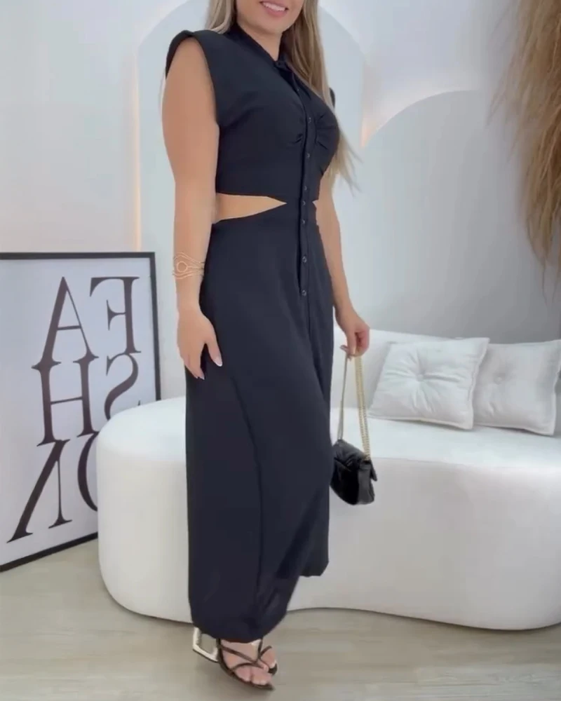 Lente dames casual jurk effen kleur uitsparing button-down elastische taille terug veelzijdige roeping maxi-jurk